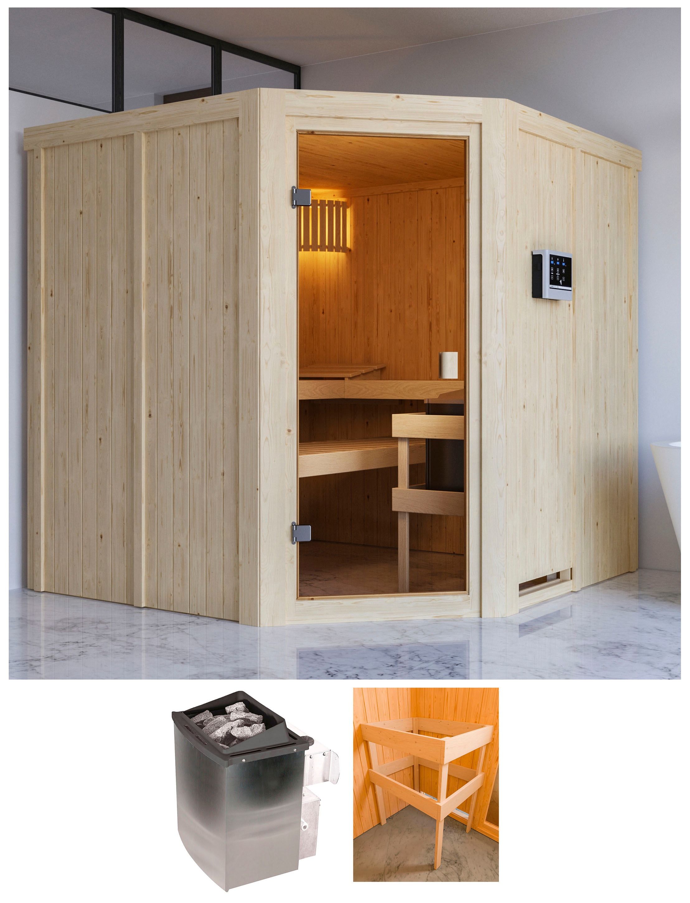Sauna KARIBU "Kotka", beige (natur), Saunaofen, integrierte Steuerung, 9 kW, Saunen, mit Ofen 9 kW integr. Strg. Image