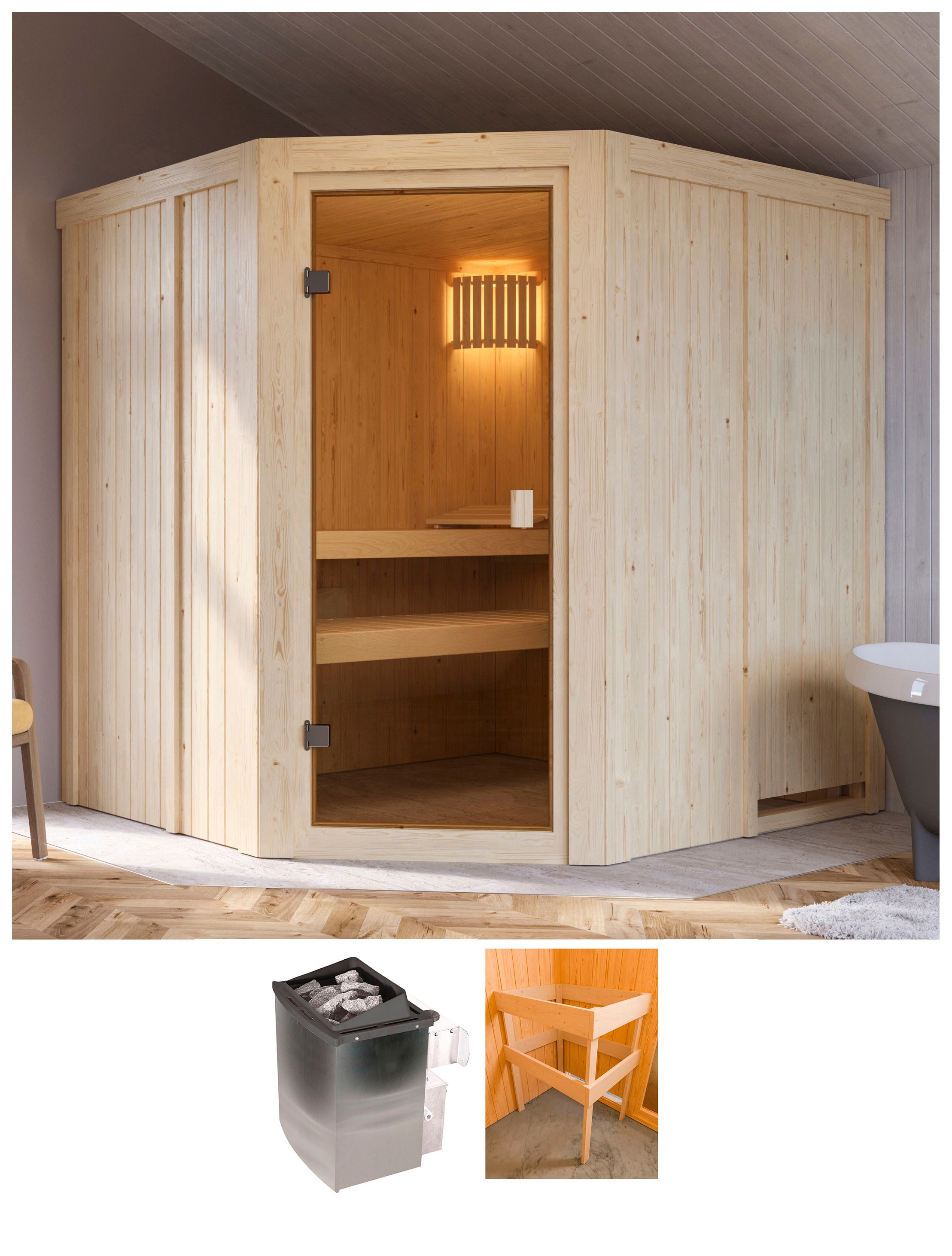Sauna KARIBU "Bodo", beige (natur), Saunaofen, integrierte Steuerung, 9 kW, Saunen, mit Ofen 9 kW integr. Strg. Image