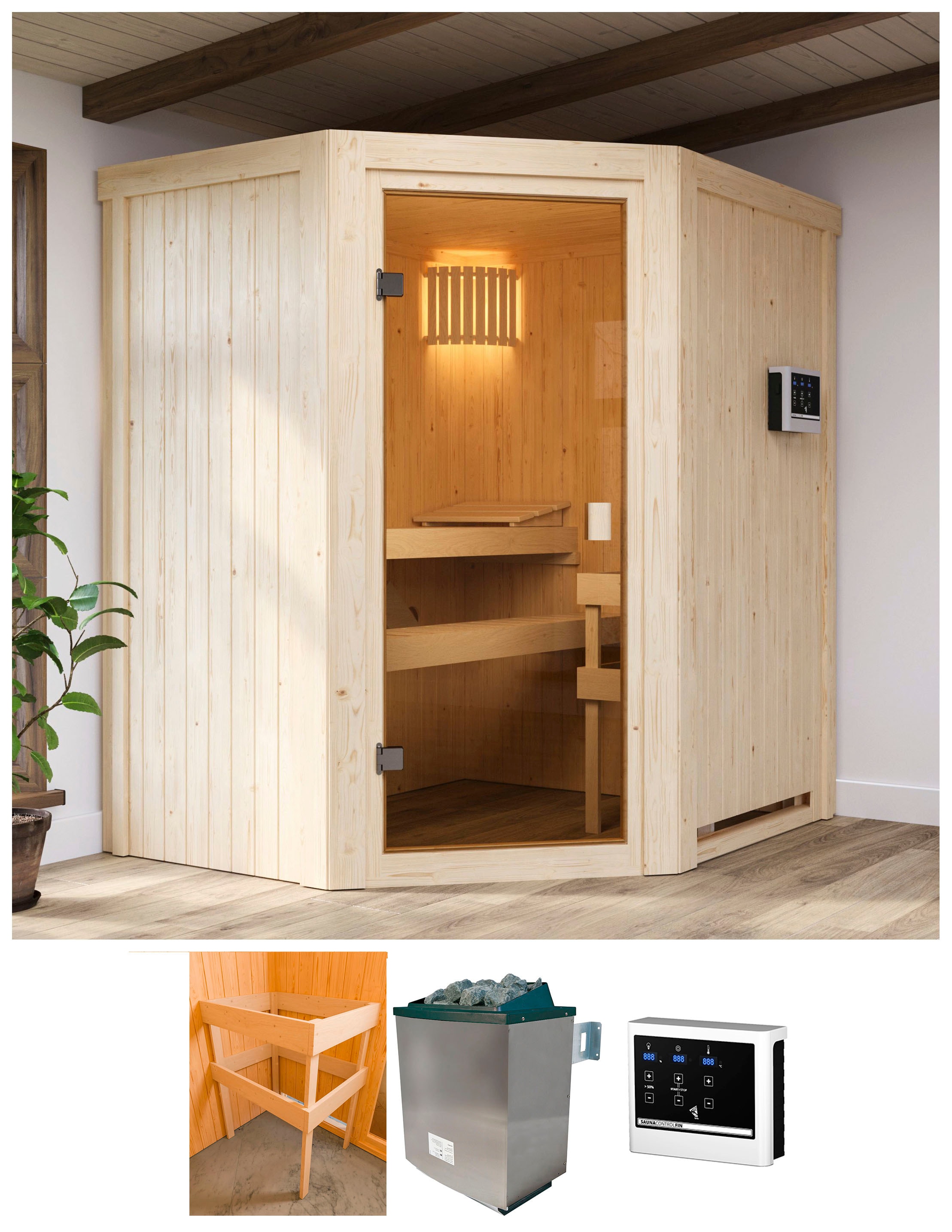 Sauna KARIBU "Faurin", beige (natur), Saunaofen, externe Steuerung, 9 kW, Saunen, mit Ofen 9 kW ext. Strg. Image