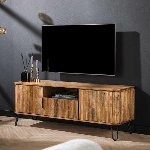 Modernes TV Lowboard aus Mangobaum Massivholz lackiert Metallgestell