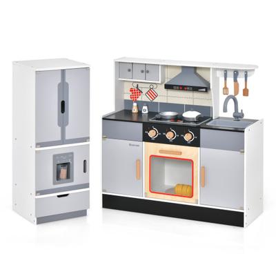 Costway Wooden Chef Play Kitchen and Refrigerator with Realistic Range Hood and Roaster