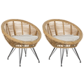 Gartenstuhl 2er Set Natürlich Rattan mit Schwarzem Metallgestell Auflagen Hellbeige Stoff Boho Garten Outdoor Indoor Terrasse Ausstattung Möbel