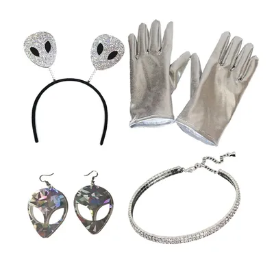 Lustige Alien Kostüm für Kinder Erwachsene Alien Stirnband Handschuhe Sparkly Halskette Alien Image