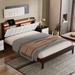 Queen size Platform Bed with USB Charging Station and Storage Upholstered Headboard,LED Bed Frame, Walnut+Beige