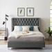 Queen Size Upholstered Platform Bed with Botton-Tufted Headboard and Nailhead Trim, Bed with Metal Legs and Wood Slats