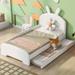 Twin Size Wood Platform Bed with Trundle, Chenille Upholstered Daybed with Cartoon Ears Shaped Headboard for Kids Boys Girls