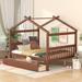 Full Size Wooden Walnut House Bed w/ Drawers Upholstered Platform Bed