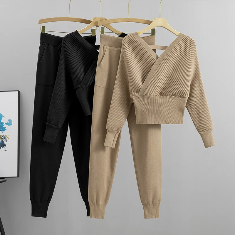 Tuta elegante Sexy in due pezzi Set donna stile coreano Top senza schienale lavorato a maglia a coste e tuta lunga Harem pantalone abiti autunnali y2k set di pantaloni