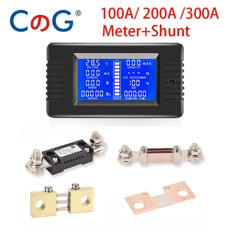 Misuratore digitale CG DC 10A 50A 100A 200A 300A 9 in 1 Voltmetro Amperometro 0-200V Display LCD Monitor multifunzione con shunt