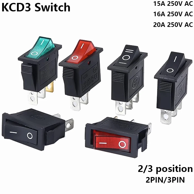 1 PZ KCD3 Interruttore A Bilanciere ON-OFF ON-OFF-ON 2 Posizioni 3 Pin Apparecchiature Elettriche Con Interruttore di Alimentazione Della Luce 16A 250 V / 20A 125 V AC