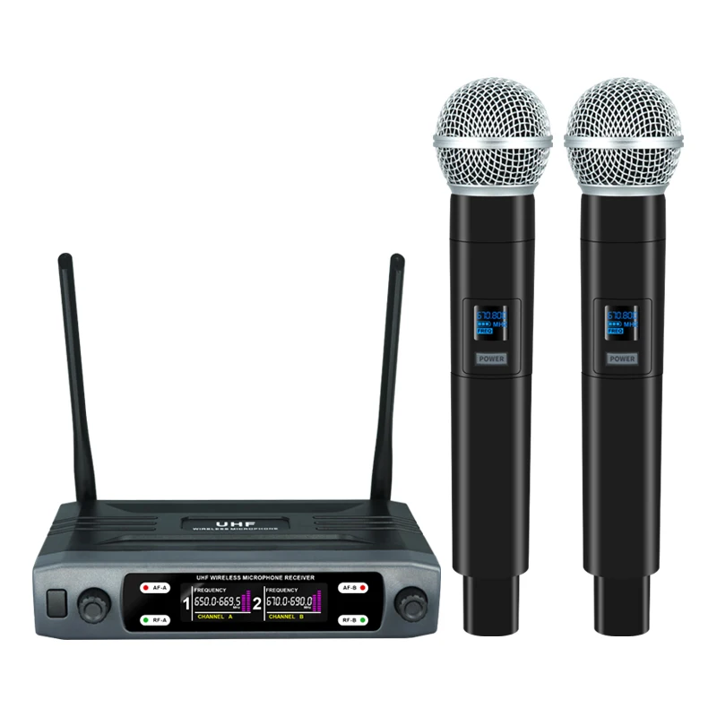 Microfono wireless portatile a doppio canale UHF Microfono dinamico a frequenza fissa per Karaoke Wedding Party Band Church Show