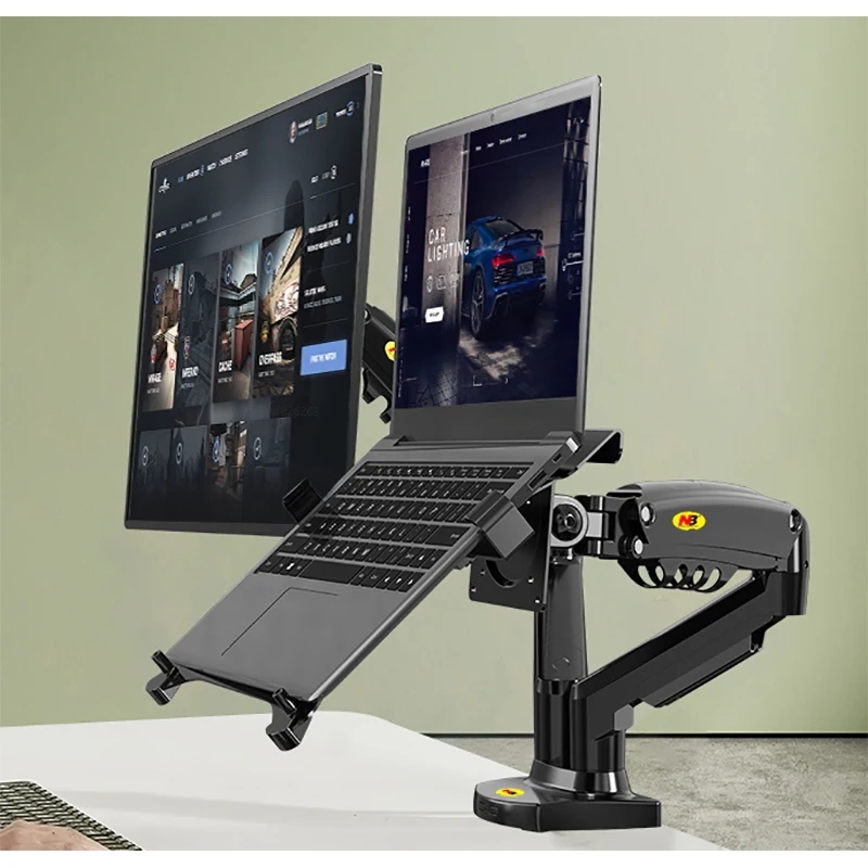 Desktop NB F160 + FP-2 Molla a gas Doppio braccio per supporto per monitor da 17"-27" + Supporto per laptop da 10"-17" Supporto per montaggio con pressa ad aria Carico 2-9 kg