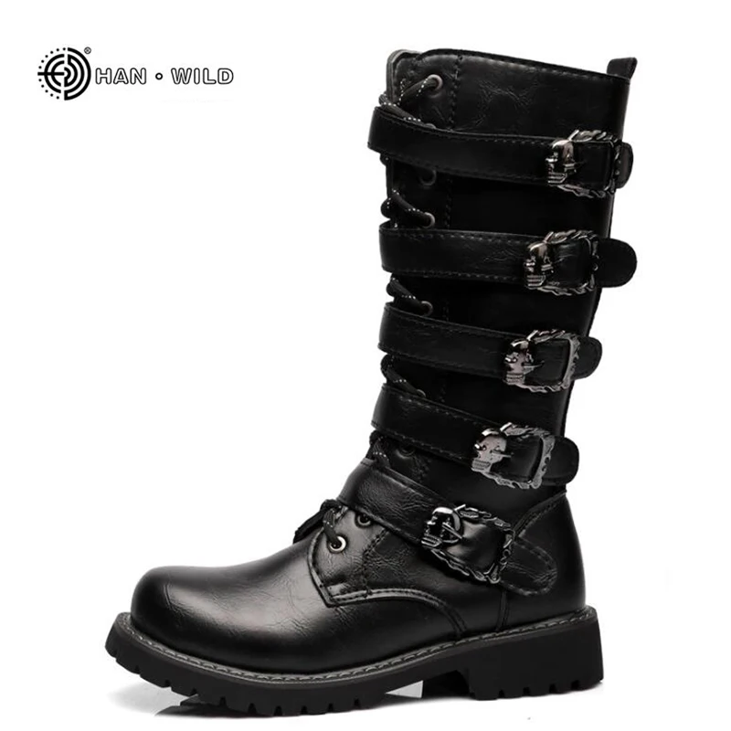 Stivali da moto da uomo invernali 2024 Moda a metà polpaccio Punk Rock Punk Scarpe da uomo in pelle PU nera alta stivale casual da uomo