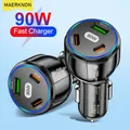 Caricabatteria da auto USB da 90 W Adattatore per telefono da auto a ricarica rapida PD tipo C a 3 porte per iPhone 14 13 Xiaomi Samsung Caricabatterie a ricarica rapida in auto