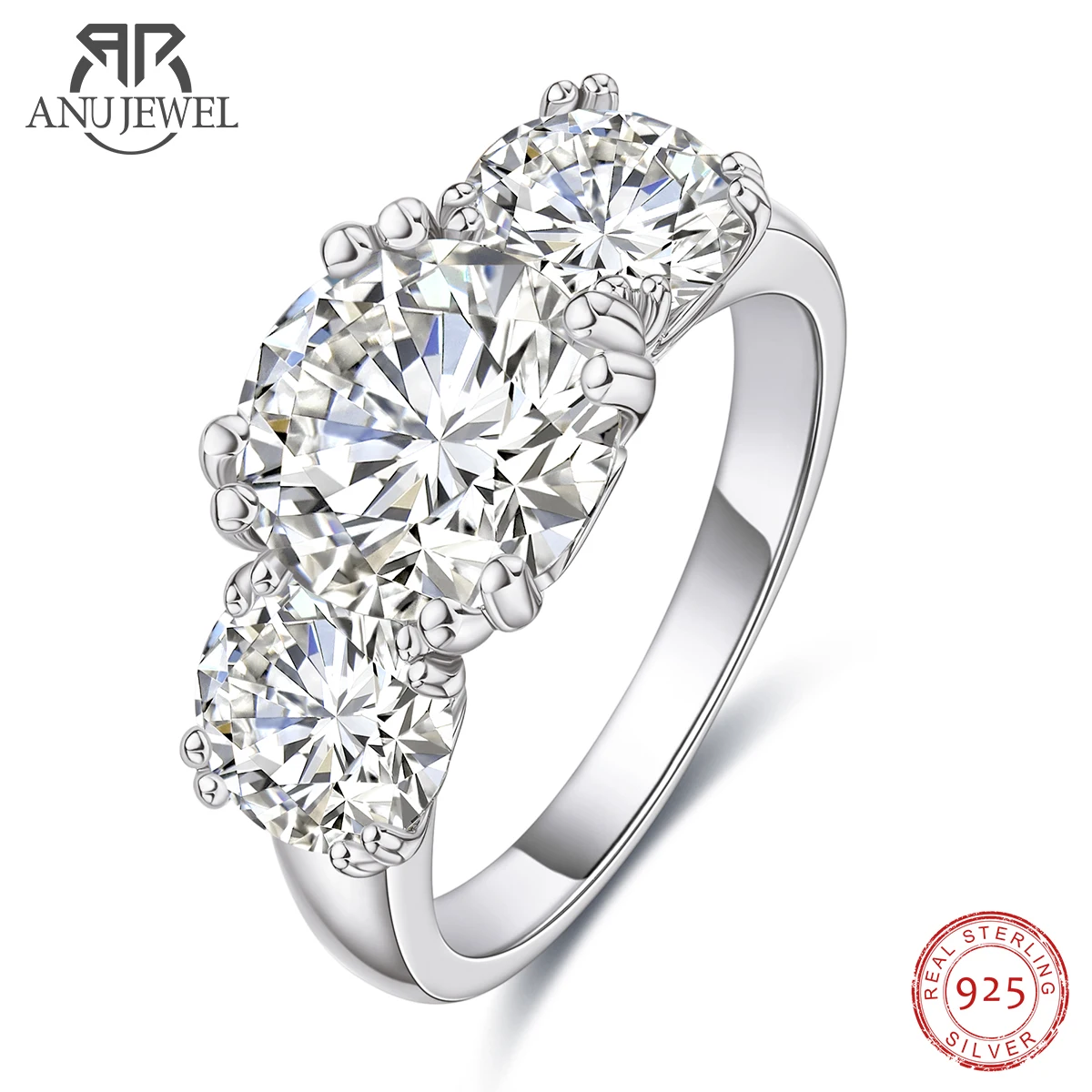AnuJewel 5cttw D Colore Moissanite Anello di fidanzamento di lusso con tre pietre Anelli in argento 925 Placcato oro 18 carati Gioielli doganali all'ingrosso
