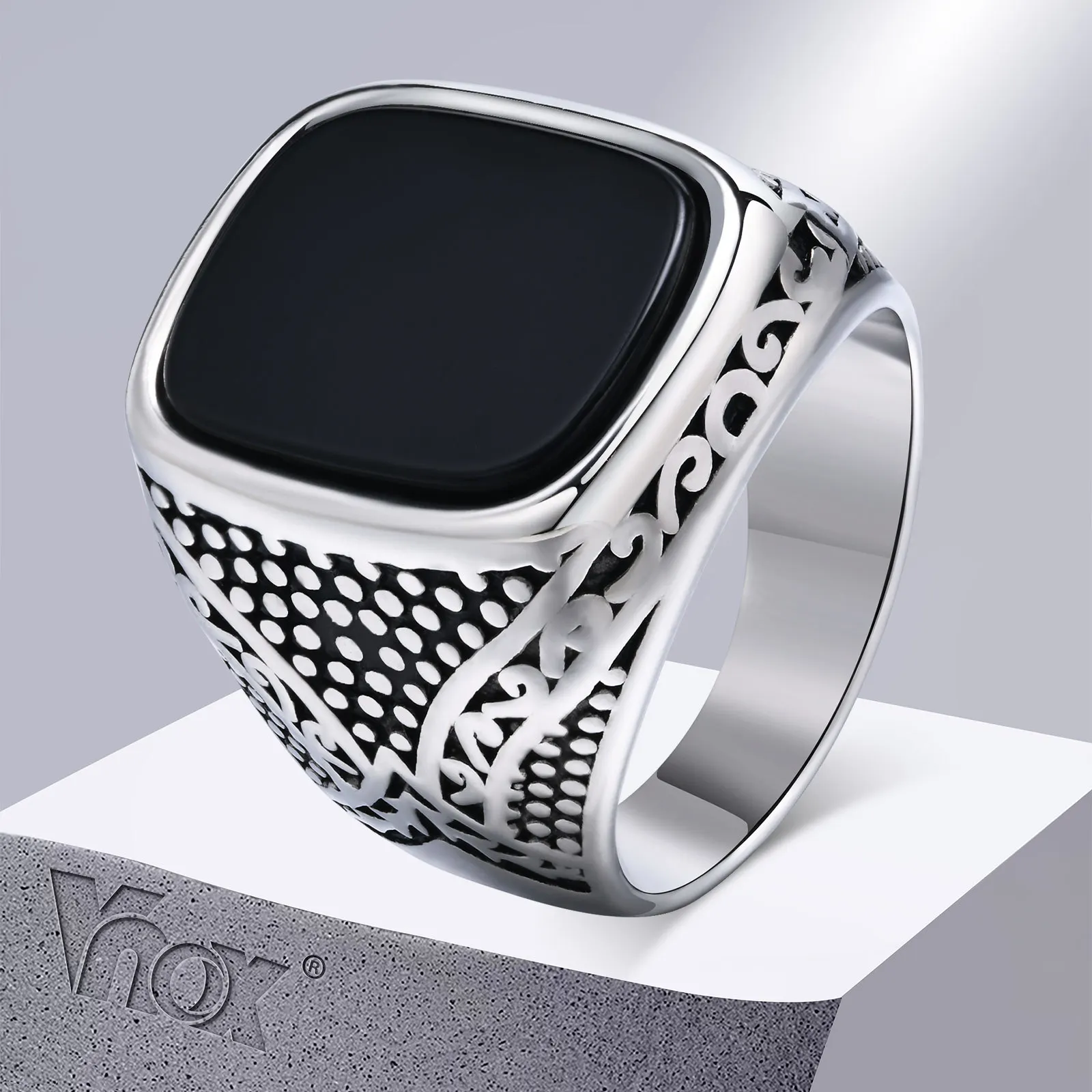 Vnox Rock Punk Anelli in pietra di onice per uomo, elegante anello con sigillo in metallo massiccio in acciaio inossidabile, regali di moda fantastici per lui gioielli