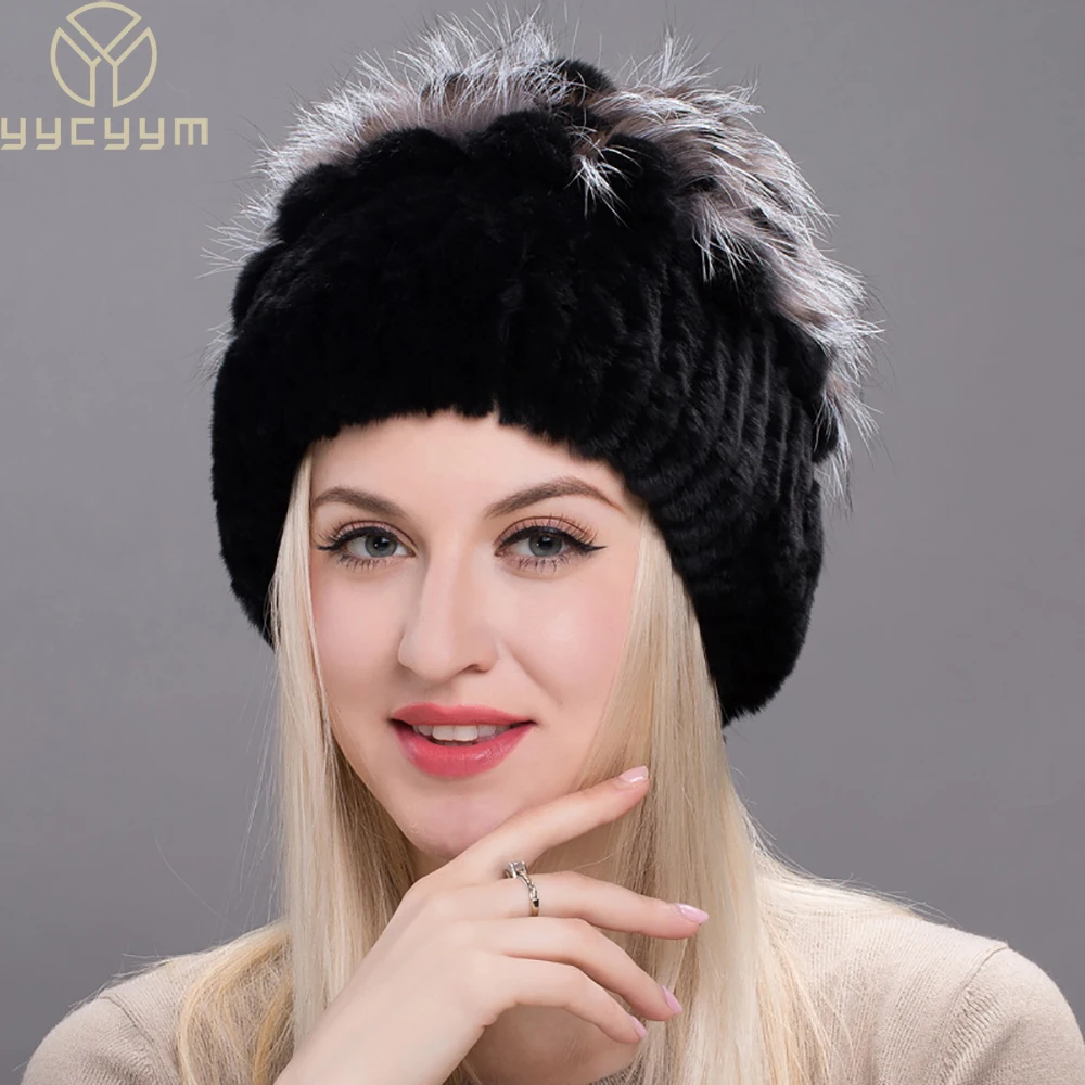 Vendita calda Russia Nuovo Inverno Berretti di Pelliccia Reale Cappello Delle Donne 100% Genuino Reale Rex Cappello di Coniglio Buona Elastico Lavorato A Maglia Rex Berretti di Pelliccia di Coniglio