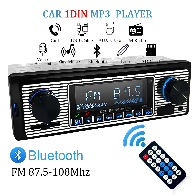 Autoradio Hippcron 1 DIN Stereo FM Bluetooth Lettore audio MP3 Cellulare Vivavoce Digitale USB/SD con ingresso Aux nel cruscotto