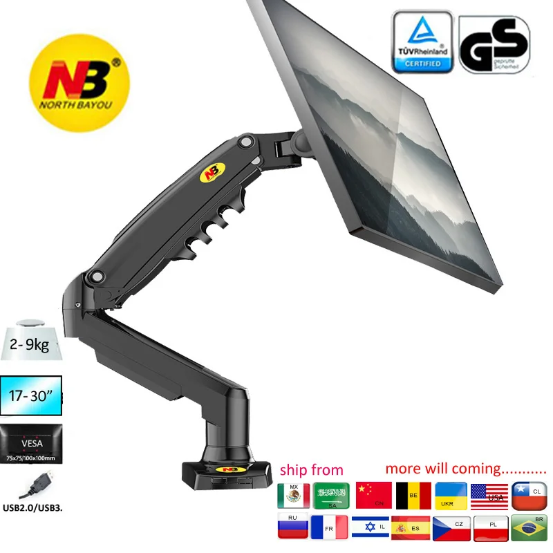 NB NUOVO F80 17-30 "2-9 kg doppio braccio pressa ad aria molla a gas vesa 100x100 monitor supporto da tavolo morsetto passacavo base supporto da tavolo per PC
