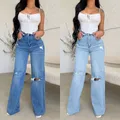 2023 autunno nuove donne Jeans strappati a vita alta moda pantaloni larghi in Denim pantaloni Casual