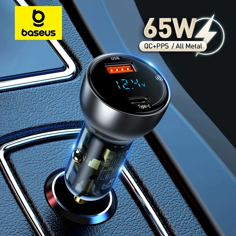 Baseus 65W PD Caricabatteria da auto QC 4.0 QC 3.0 Display a LED Tipo-C Caricatore rapido rapido per iPhone 16 15 Xiaomi Samsung Caricatore per telefono USB