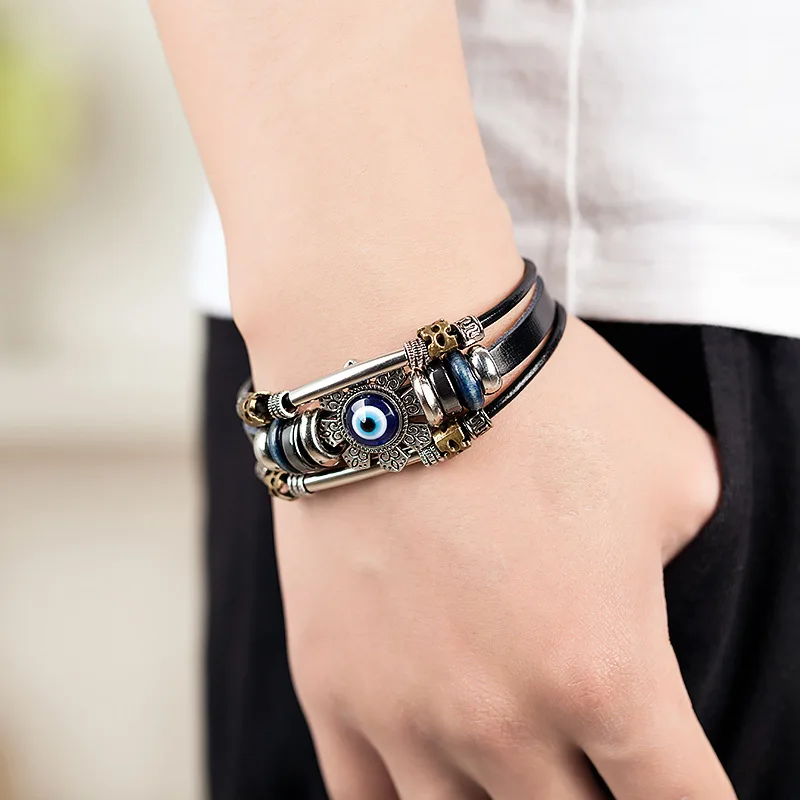Bracciale in pelle multistrato con piega in acciaio inossidabile punk turco malocchio uomo donna fascino fiore gioielli braccialetto bigiotteria