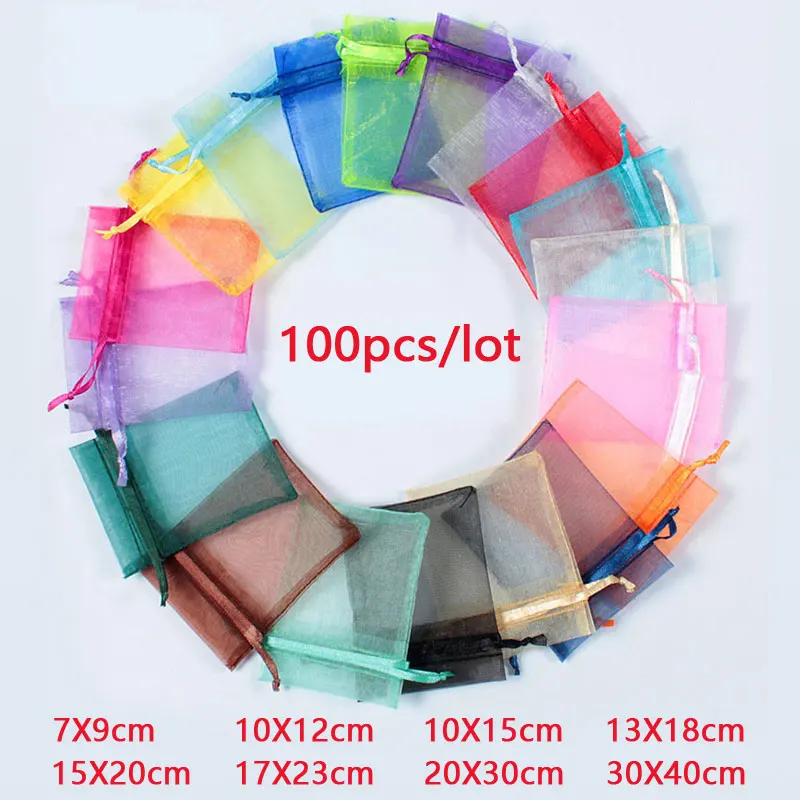 100 Pz/lotto 7x9 9x12 10x15 13x18 CM Sacchetti di Organza Sacchetto di Gioielli Decorazione Della Festa Nuziale Sacchetti Tirabili Sacchetti Regalo Imballaggio Dei Monili