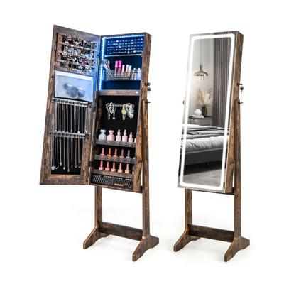 Costway Lockable Jewelry Armoire Standing Cabinet with Lighted Full-Length Mirror-Rustic Brown