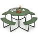 Costway Outdoor 8-person Round Picnic Table Bench Set with 4 Benches & Umbrella Hole Green