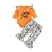 Toddler Kids Boys Girls Outfits Pumpkin Letters Prints Long Sleeves Romper Bell Bottom Pants 3pcs Set Outfits 12-18 Months