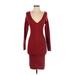 Lush Casual Dress - Sweater Dress V Neck 3/4 sleeves: Red Solid Dresses - Women's Size Medium