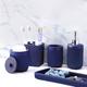 Resin Navy Blue Bathroom Accessories Set 5 Pcs, Lotion Soap Dispenser Toothbrush Holder Bathroom Tumbler Cotton Swab Jar and Multifunctional Tray, Bathroom Organizer Accessory for Modern Home Decor