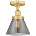 Cone 7.75" Wide Satin Gold Semi.Flush Mount With Plated Smoke Glass Sh