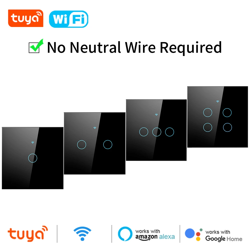 Tuya Wifi Smart Touch Licht EU Schalter Drahtlose Fernbedienung LED Licht Schalter Kein Neutralleiter Erforderlich 1-4 Gang Alexa Google Hause