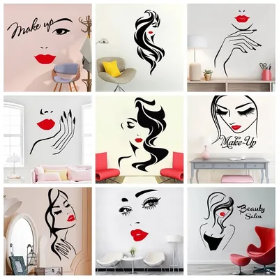 Schönheit Salon Wand Aufkleber Schöne Dame Friseur Für dame Rote Lippen Vinyl Make-Up Aufkleber Haar Image