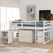 Low Study Twin Loft Bed with Cabinet and Rolling Portable Desk White