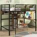 Full Size Metal & Wood Loft Bed with L -shaped desk and shelves, Black and Brown