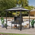 8 X6 Grill Gazebo Hardtop Steel Grill Gazebo with Two Shelves Serving Tables Permanent Double Roof Hard Top Gazebo Heavy Duty Aluminum BBQ Gazebo for Patio Deck Backyard and Garden (Grey)