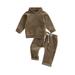 Suanret Toddler Kids Boys Girls 2 Piece Outfit Striped Plush Long Sleeve Sweatshirt Elastic Pants Warm Clothes Brown 2-3 Years