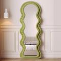 Irregular Wavy Full Length Mirror, Wavy Floor Mirror, Flannel Wrapped Wooden Frame Standing Mirror Full Length Mirror, for Bedroom, Living Room, Shopping Mall,Green,160 * 60cm