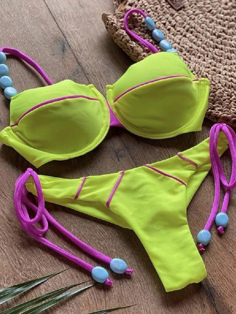 Sexy Bikini 2022, Push-Up-Bikini-Set, gelbe Bademode, Damen-Mikro-Badeanzug, weibliche Bandage, Biquini, Strandkleidung, Schwimmen, zweiteilig