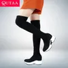 QUTAA 2024 Stretch Stoffe Overknee Stiefel Höhe Zunehmende Runde Kappe Frauen Schuhe Herbst Winter Beiläufige Lange Stiefel Größe 34-43