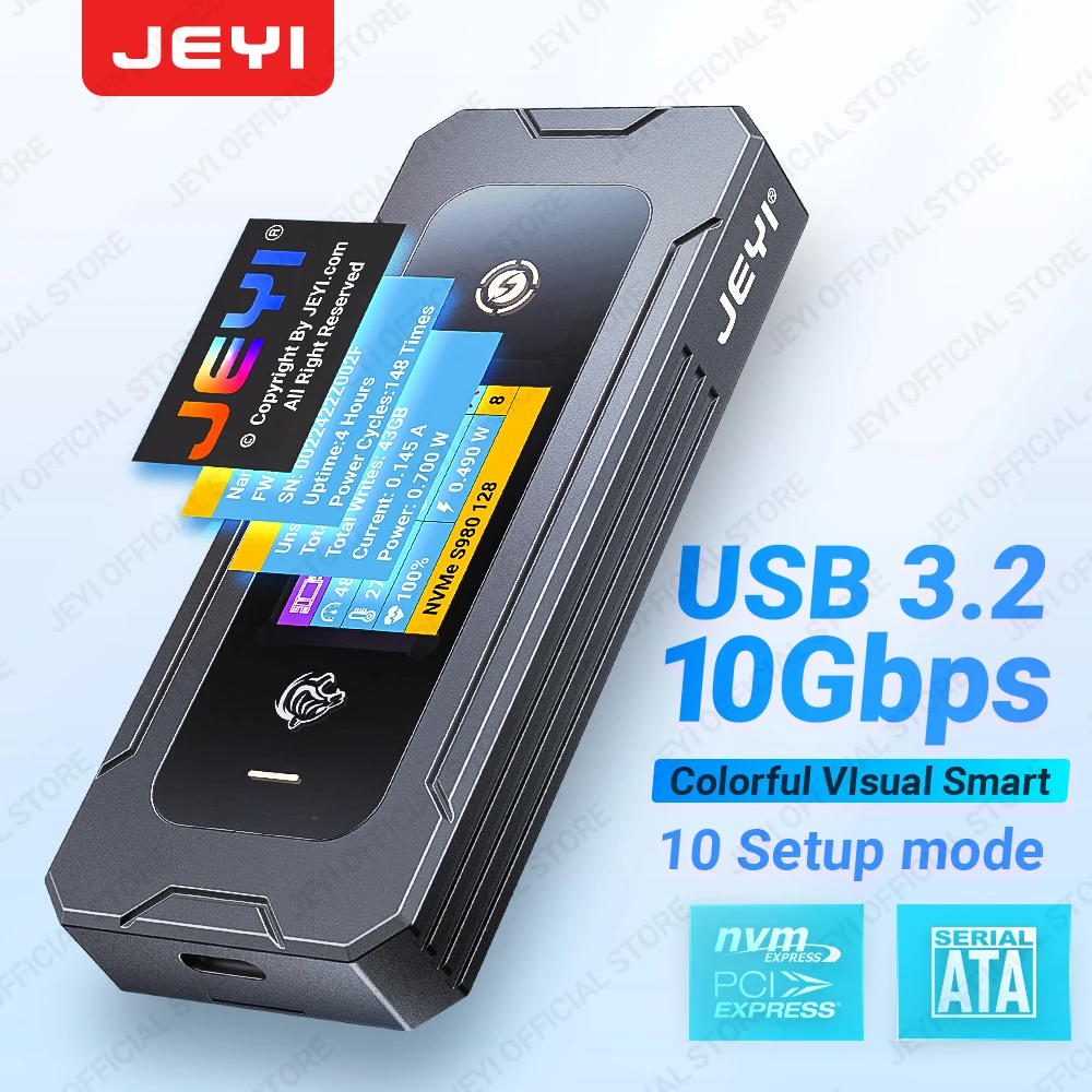 JEYI Visual Smart M.2 NVMe/SATA SSD-Gehäuse, USB 3.2 10 Gbit/s, 10 Set-Modi, Echtzeit-Temperaturunterstützung, M-Key B+M Key UASP Image