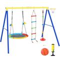 4 in 1 Outdoor Toddler Saucer Swing Set for Kids Backyard Playground Tree Swing Sets with Steel Frames Climbing Rope with Disc Tree Swing Playset and Basketball Hoop