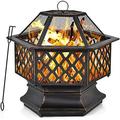 26 Inch Outdoor Fire Pit Large Hexagonal Fire Bowl With Screen Cover And Poker Wood Burning For Outside Camping Garden Patio Backyard
