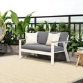 Superjoe Outdoor Aluminum Patio Loveseat Sofa Furniture Metal All-Weather Modern Patio Sofa Loveseat with Wood Accent Armrest and Angled Backrest White