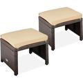 Set of 2 Wicker Ottomans Multipurpose Outdoor Furniture for Patio Backyard Additional Seating Footrest Side Table w/Removable Cushions Steel Frame - Brown/Beige