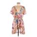 Pink Lily Casual Dress - Mini V-Neck Short sleeves: Tan Floral Dresses - Women's Size Medium