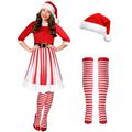 3 Pcs Christmas Elf Costume Set Womens Short Sleeve Christmas Dress Striped Thigh High Socks Santa Hat for Xmas Party (Vivid Style,X-large)