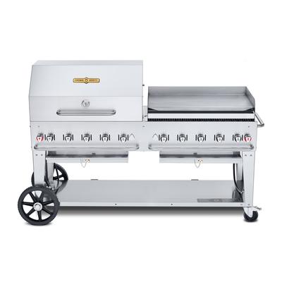 Crown Verity CV-MCB-72-SI-BULK-RGP 70" Mobile Gas Commercial Outdoor Charbroiler w/ Griddle, Liquid Propane, LP Gas, 159,000 BTU, Stainless Steel, Gas Type: LP